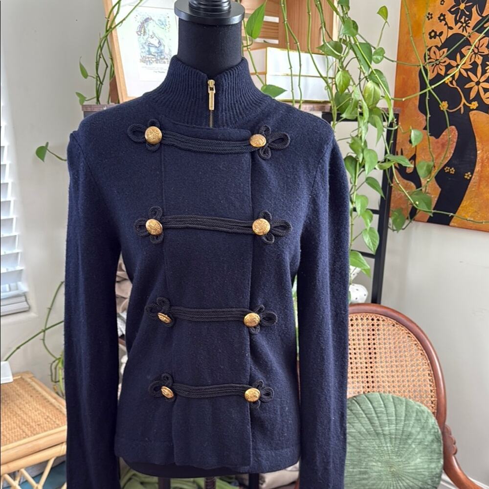 Ralph Lauren Jeans Co Navy Blue Knit Zip Up Gold Button Preppy Military Sweater